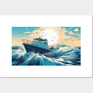 Motorboat Slicing Through The Waves Of A Vibrant Blue Ocean Posters and Art